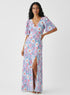 Curved V Neck Paneled Satin Printed Dress