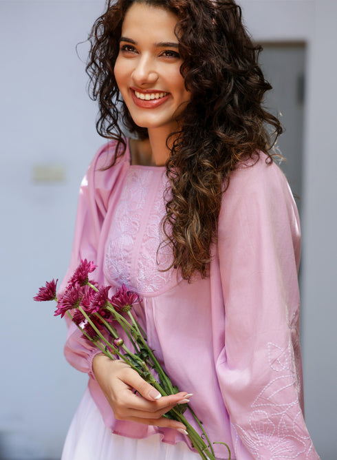 Square Neck Cotton Embroidered Lavender Top
