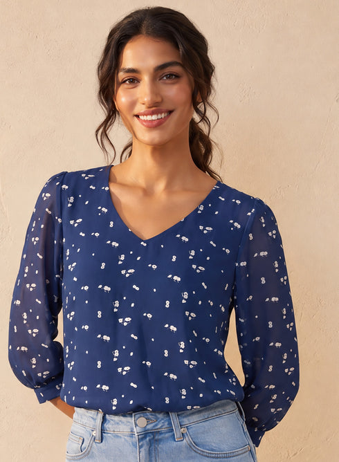 Blue Printed V Neck Long Sleeve Top
