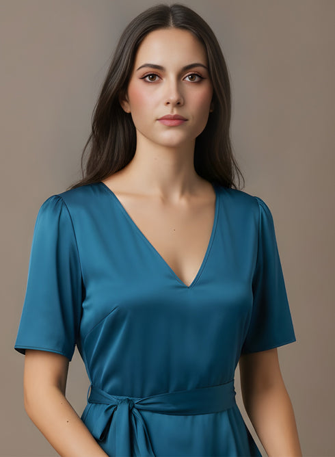 Teal Blue Satin Front Slit Dress