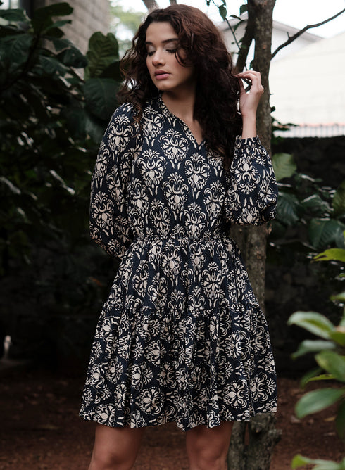 Printed Neck Tie Long Sleeve Dress