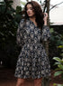 Printed Neck Tie Long Sleeve Dress
