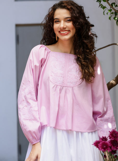 Square Neck Cotton Embroidered Lavender Top