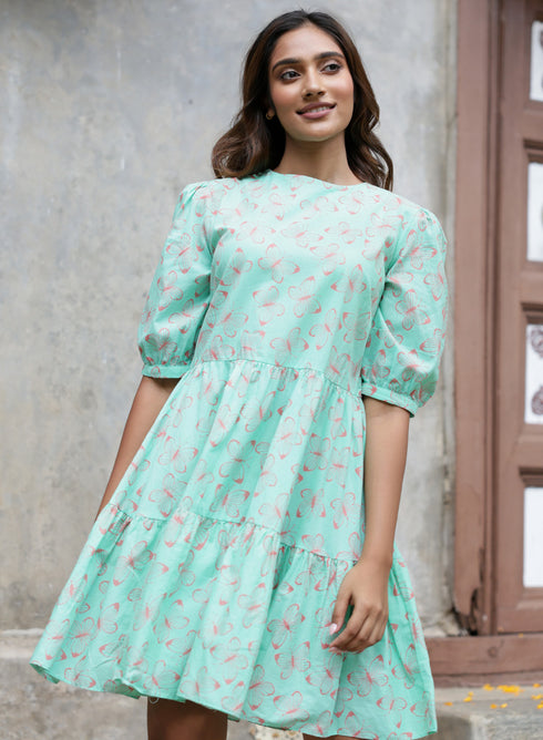 Diagonal Cut Block Green Printed Dress