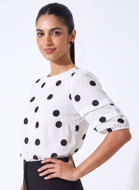 White Polka Dot Sleeve Pleated Top