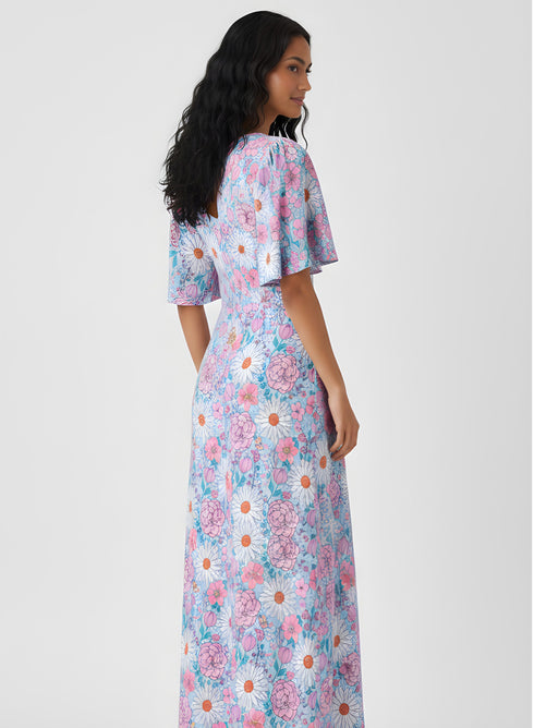 Curved V Neck Paneled Satin Printed Dress