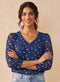 Blue Printed V Neck Long Sleeve Top