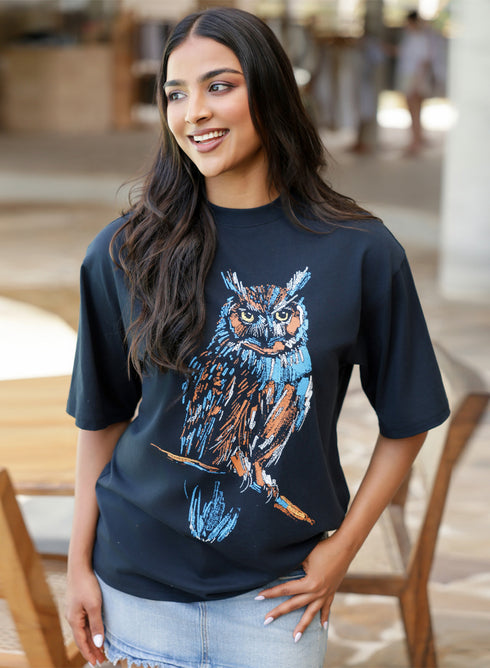 Owl Printed Trendy Oversized T-Shirt