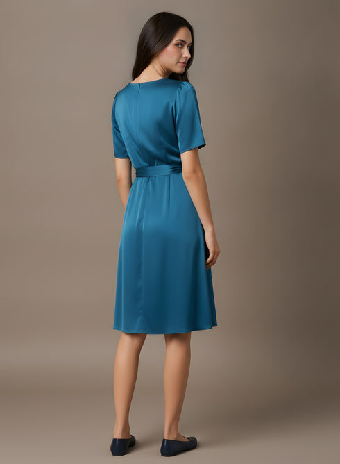 Teal Blue Satin Front Slit Dress