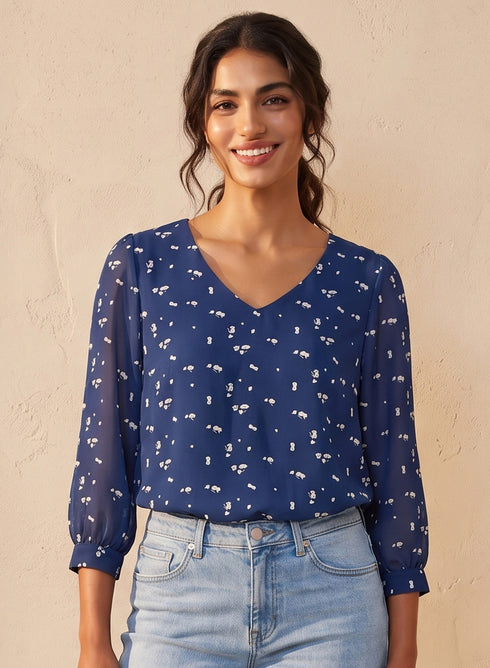 Blue Printed V Neck Long Sleeve Top