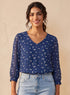 Blue Printed V Neck Long Sleeve Top