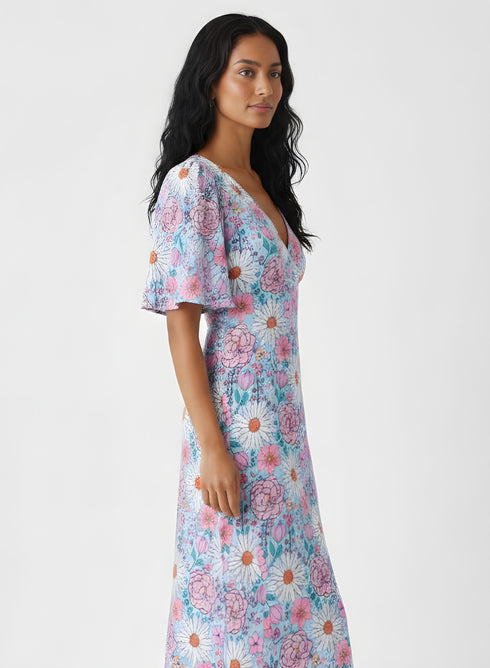 Curved V Neck Paneled Satin Printed Dress