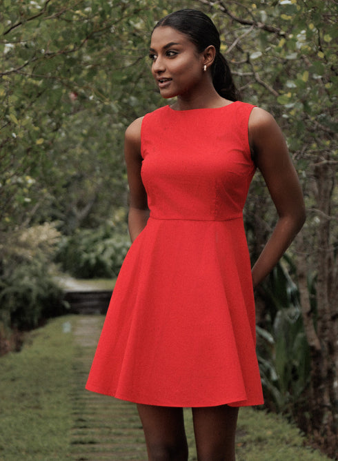 Red Sleeveless Back Tie Cotton Dress