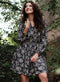 Printed Neck Tie Long Sleeve Dress
