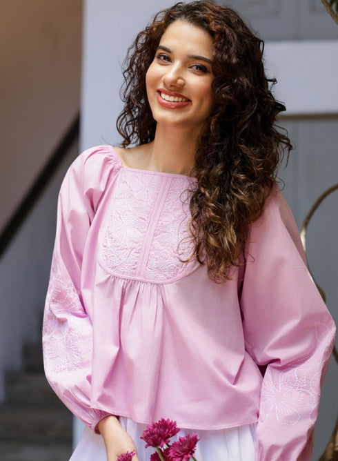 Square Neck Cotton Embroidered Lavender Top