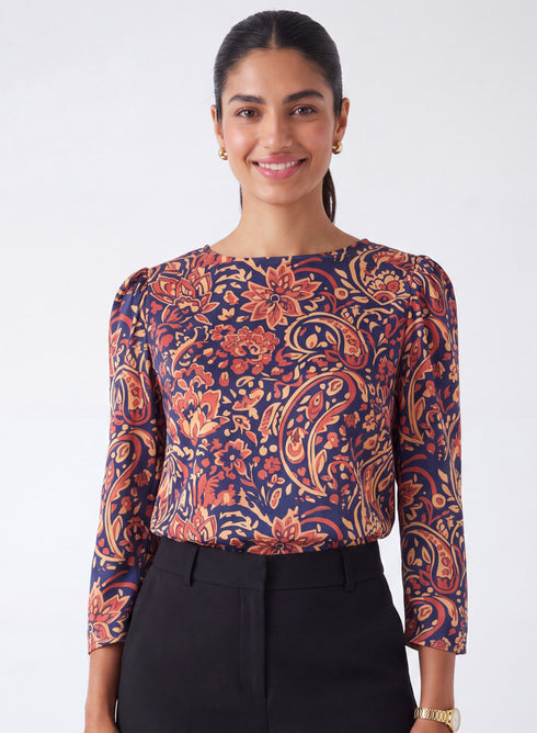 Back Detailed Long Sleeve Maroon Printed Top