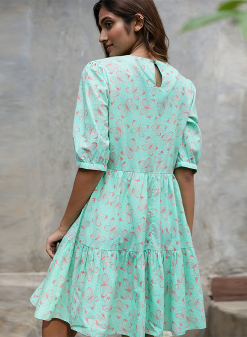 Diagonal Cut Block Green Printed Dress