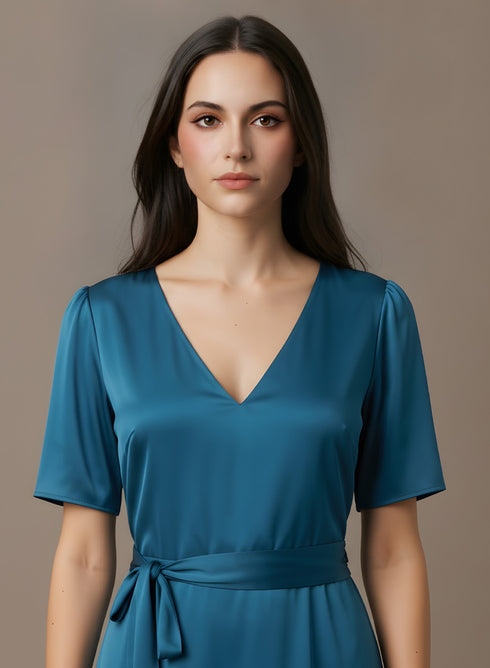 Teal Blue Satin Front Slit Dress