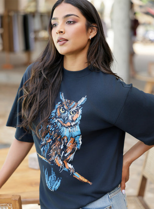 Owl Printed Trendy Oversized T-Shirt