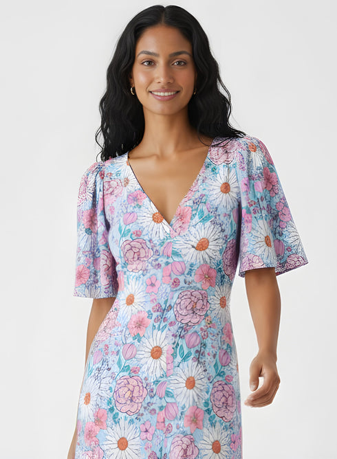 Curved V Neck Paneled Satin Printed Dress
