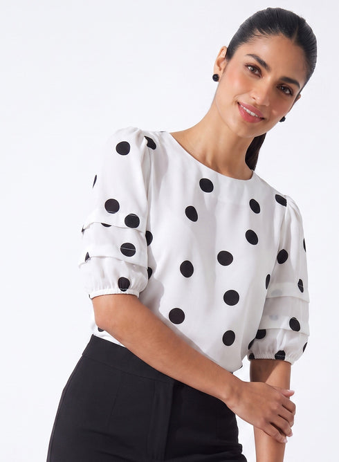 White Polka Dot Sleeve Pleated Top