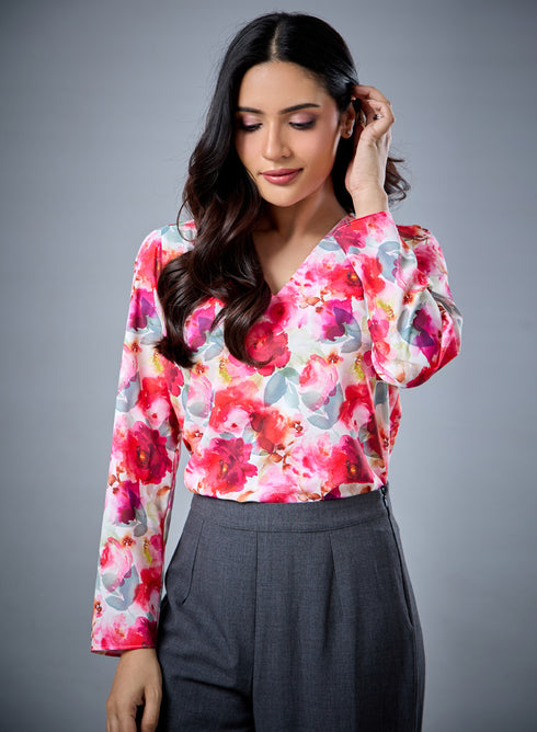 Long Sleeve V Neck Printed Top