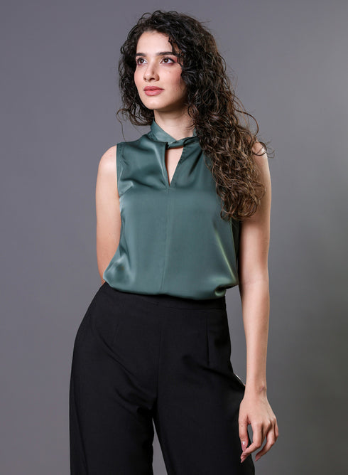 Twisted Neck Sleeveless Top - Green