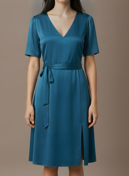 Teal Blue Satin Front Slit Dress