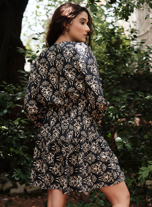 Printed Neck Tie Long Sleeve Dress