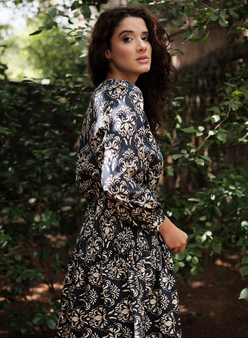 Printed Neck Tie Long Sleeve Dress