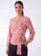 Waist Tie Long Sleeve Red Printed Top