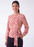 Waist Tie Long Sleeve Red Printed Top