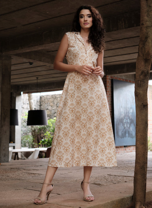 Printed Mock Button Extended Sleeve Dress