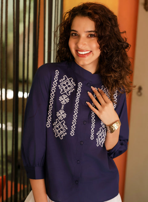 Navy Blue Cotton Neckline Embroidered Top