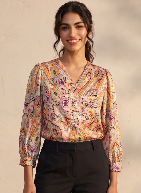 Printed Criss Cross Pleated Satin Top