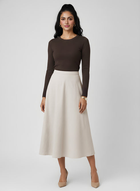 Beige Petite Ponte Stretch Midi Skirt