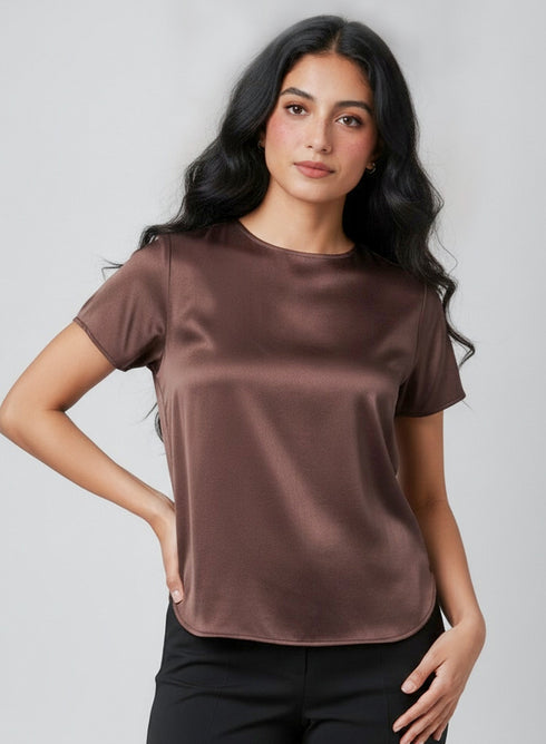 Brown Short Sleeve Satin Top
