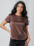 Brown Short Sleeve Satin Top