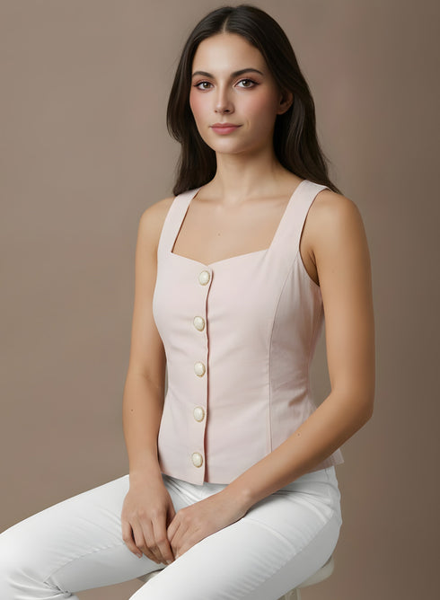 Light Pink Strap Detail Buttoned Top