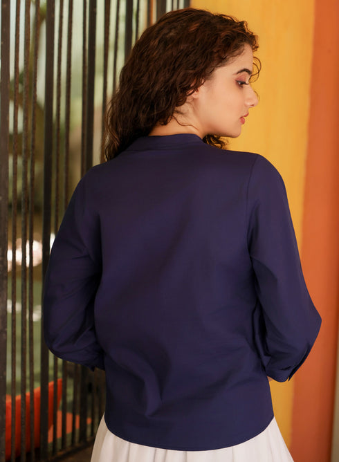 Navy Blue Cotton Neckline Embroidered Top