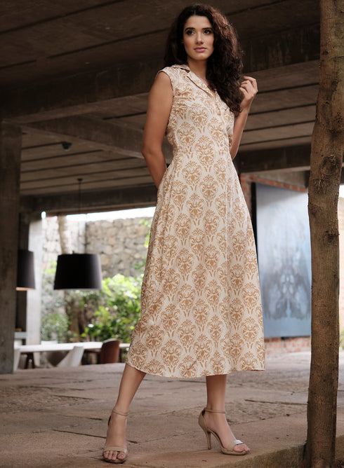 Printed Mock Button Extended Sleeve Dress
