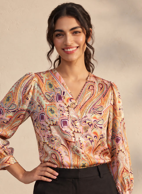 Printed Criss Cross Pleated Satin Top