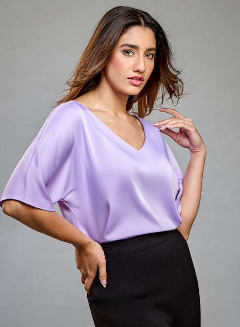 VNeck Flared Sleeve Lavender Satin Top
