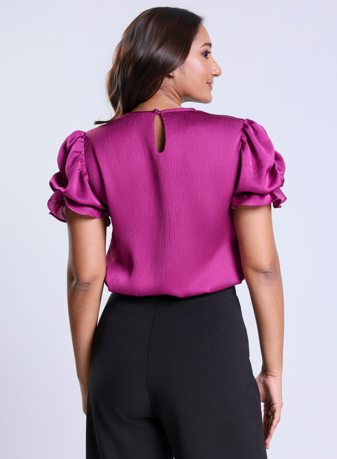 Sleeve Gathered Crepe Chiffon Top