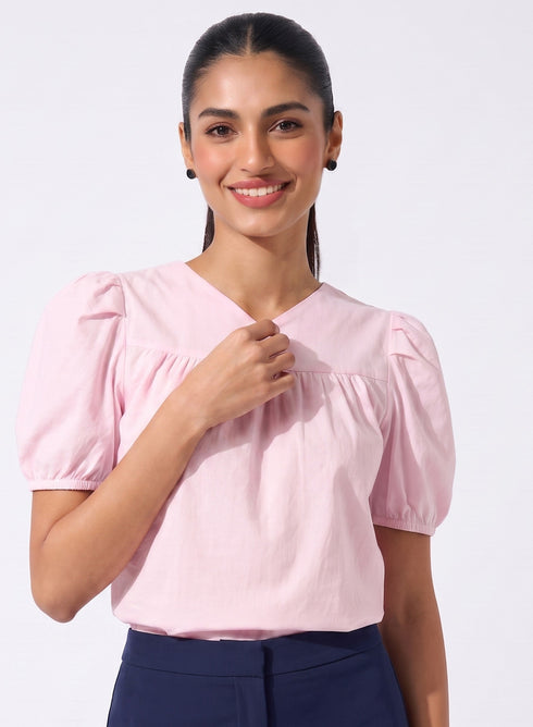 Pink Slight V Neck Cotton Top