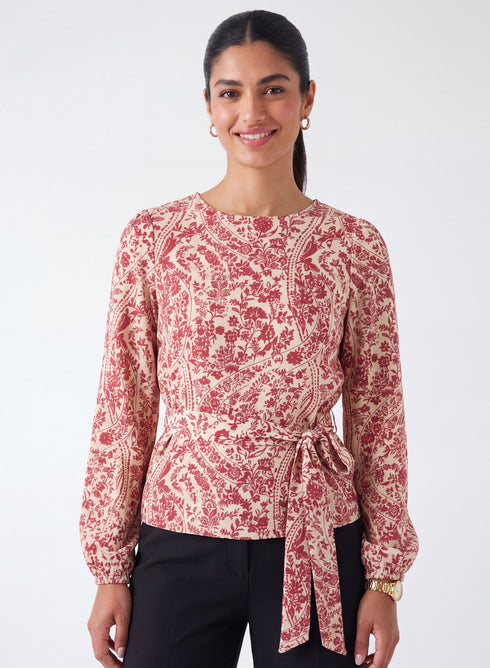 Waist Tie Long Sleeve Red Printed Top