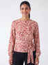 Waist Tie Long Sleeve Red Printed Top