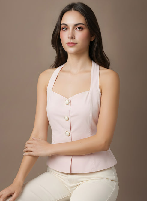 Light Pink Strap Detail Buttoned Top