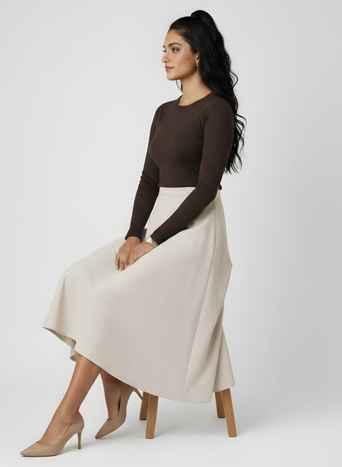 Beige Petite Ponte Stretch Midi Skirt
