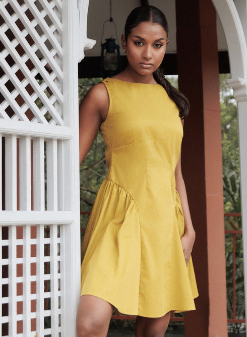 Lime Yellow Side Arched Gathered Cotton Dress